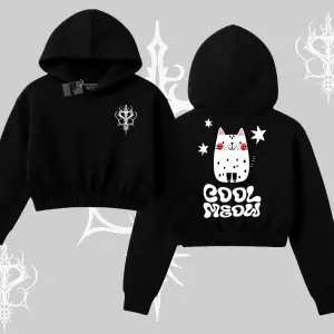 Cool Meow Yazılı Sevimli Kedi Arka Baskılı Kapşonlu Crop Sweatshirt