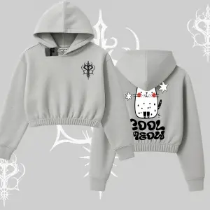 Cool Meow Yazılı Sevimli Kedi Arka Baskılı Kapşonlu Crop Sweatshirt