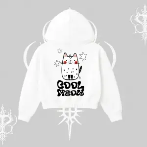 Cool Meow Yazılı Sevimli Kedi Arka Baskılı Kapşonlu Crop Sweatshirt