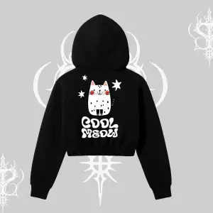 Cool Meow Yazılı Sevimli Kedi Arka Baskılı Kapşonlu Crop Sweatshirt