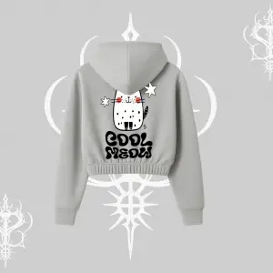 Cool Meow Yazılı Sevimli Kedi Arka Baskılı Kapşonlu Crop Sweatshirt
