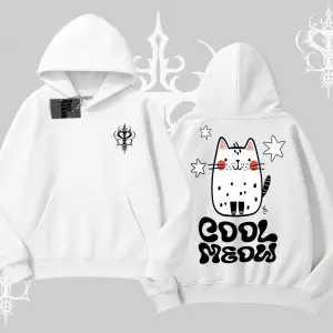 Cool Meow Yazılı Sevimli Kedi Arka Baskılı Kapşonlu Sweatshirt