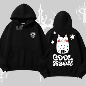 Cool Meow Yazılı Sevimli Kedi Arka Baskılı Kapşonlu Sweatshirt