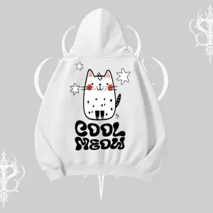 Cool Meow Yazılı Sevimli Kedi Arka Baskılı Kapşonlu Sweatshirt