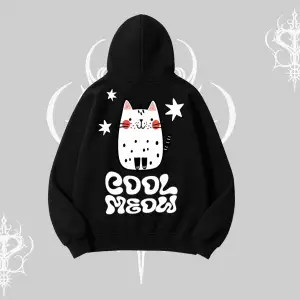 Cool Meow Yazılı Sevimli Kedi Arka Baskılı Kapşonlu Sweatshirt