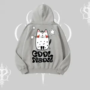 Cool Meow Yazılı Sevimli Kedi Arka Baskılı Kapşonlu Sweatshirt
