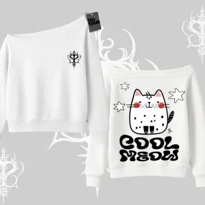 Cool Meow Yazılı Sevimli Kedi Arka Baskılı Kayık Yaka Sweatshirt