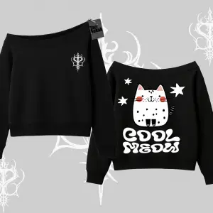 Cool Meow Yazılı Sevimli Kedi Arka Baskılı Kayık Yaka Sweatshirt