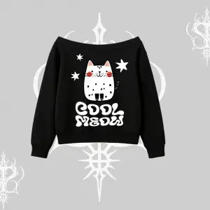 Cool Meow Yazılı Sevimli Kedi Arka Baskılı Kayık Yaka Sweatshirt