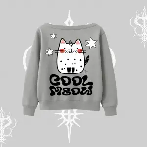 Cool Meow Yazılı Sevimli Kedi Arka Baskılı Kayık Yaka Sweatshirt