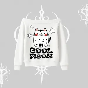 Cool Meow Yazılı Sevimli Kedi Arka Baskılı Kayık Yaka Sweatshirt