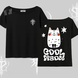 Cool Meow Yazılı Sevimli Kedi Arka Baskılı Kayık Yaka Tshirt