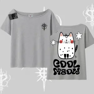 Cool Meow Yazılı Sevimli Kedi Arka Baskılı Kayık Yaka Tshirt
