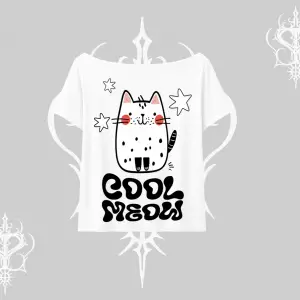 Cool Meow Yazılı Sevimli Kedi Arka Baskılı Kayık Yaka Tshirt