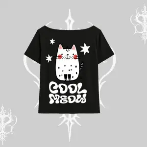 Cool Meow Yazılı Sevimli Kedi Arka Baskılı Kayık Yaka Tshirt