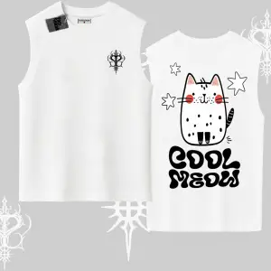 Cool Meow Yazılı Sevimli Kedi Arka Baskılı Kolsuz Tshirt