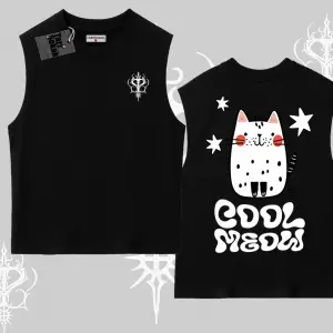 Cool Meow Yazılı Sevimli Kedi Arka Baskılı Kolsuz Tshirt