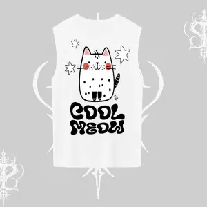 Cool Meow Yazılı Sevimli Kedi Arka Baskılı Kolsuz Tshirt