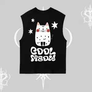 Cool Meow Yazılı Sevimli Kedi Arka Baskılı Kolsuz Tshirt