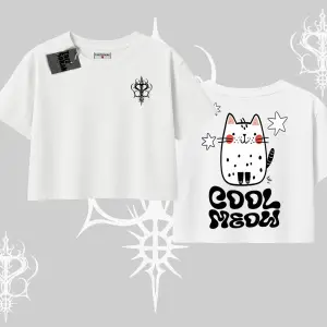 Cool Meow Yazılı Sevimli Kedi Arka Baskılı Oversize Crop Tshirt