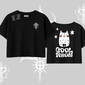 Cool Meow Yazılı Sevimli Kedi Arka Baskılı Oversize Crop Tshirt