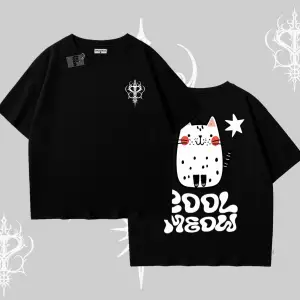 Cool Meow Yazılı Sevimli Kedi Arka Baskılı Oversize Tshirt