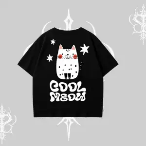 Cool Meow Yazılı Sevimli Kedi Arka Baskılı Oversize Tshirt