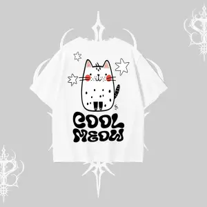 Cool Meow Yazılı Sevimli Kedi Arka Baskılı Oversize Tshirt
