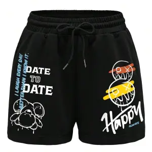 Coolane Cartoon & Slogan Graphic Drawstring Waist Şort