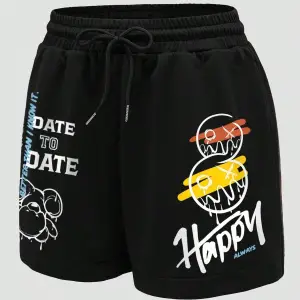 Coolane Cartoon & Slogan Graphic Drawstring Waist Şort