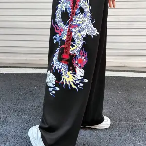 Coolane Dragon & Guitar Print Drawstring Waist 4 Mevsim Eşofman