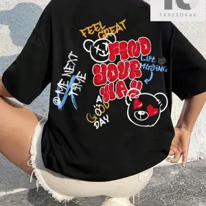 Coolane Graffiti Bear İngilizce Baskılı Kadın Beyaz Salaş Kısa Kollu Tişört