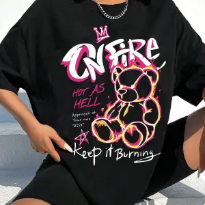 Coolane Kadın Günlük Basit Karikatür Mektup Baskı Kısa Kollu Yuvarlak Yaka Tişört, Yaza