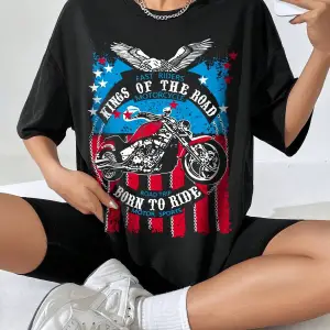 Coolane Motosiklet ve Slogan Grafikli Düşük Omuzlu Büyük Boy Tişört