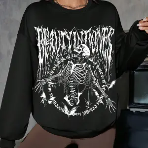 Coolane Skeleton & Letter Graphic Drop Shoulder Sweatshirt Siyah