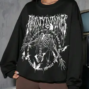 Coolane Skeleton & Letter Graphic Drop Shoulder Sweatshirt Siyah