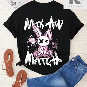 Coolane Tavşan ve Harf Grafikli Düşük Omuzlu Oversize Tişört