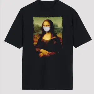 Covid Korona Mona Lisa Baskılı Unisex Siyah Oversize Tişört