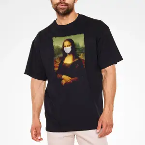 Covid Korona Mona Lisa Baskılı Unisex Siyah Oversize Tişört