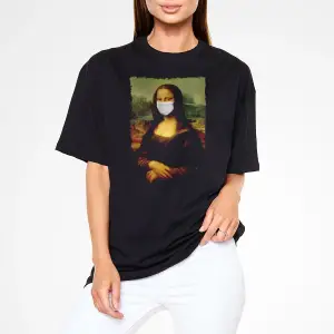 Covid Korona Mona Lisa Baskılı Unisex Siyah Oversize Tişört