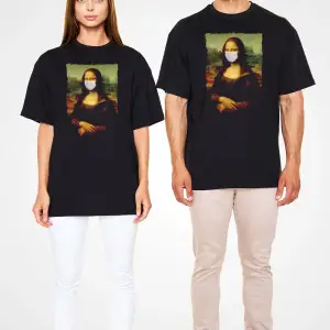 Covid Korona Mona Lisa Baskılı Unisex Siyah Oversize Tişört