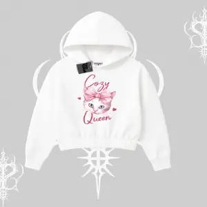 Cozy Queen Kedi Baskılı Kapşonlu Crop Sweatshirt