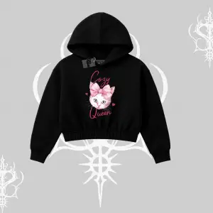 Cozy Queen Kedi Baskılı Kapşonlu Crop Sweatshirt