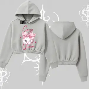 Cozy Queen Kedi Baskılı Kapşonlu Crop Sweatshirt