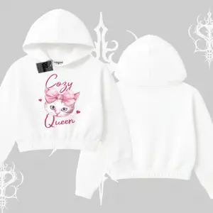 Cozy Queen Kedi Baskılı Kapşonlu Crop Sweatshirt