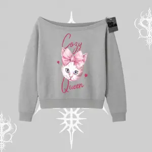 Cozy Queen Kedi Baskılı Kayık Yaka Sweatshirt