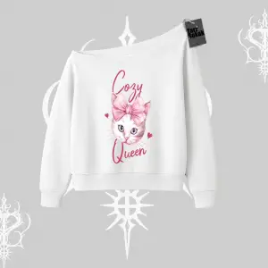 Cozy Queen Kedi Baskılı Kayık Yaka Sweatshirt