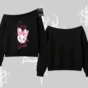 Cozy Queen Kedi Baskılı Kayık Yaka Sweatshirt