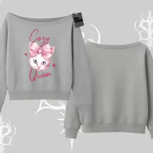 Cozy Queen Kedi Baskılı Kayık Yaka Sweatshirt