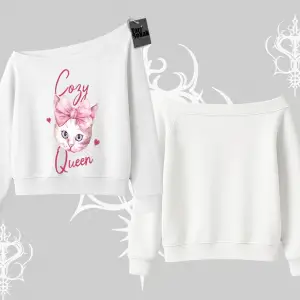 Cozy Queen Kedi Baskılı Kayık Yaka Sweatshirt